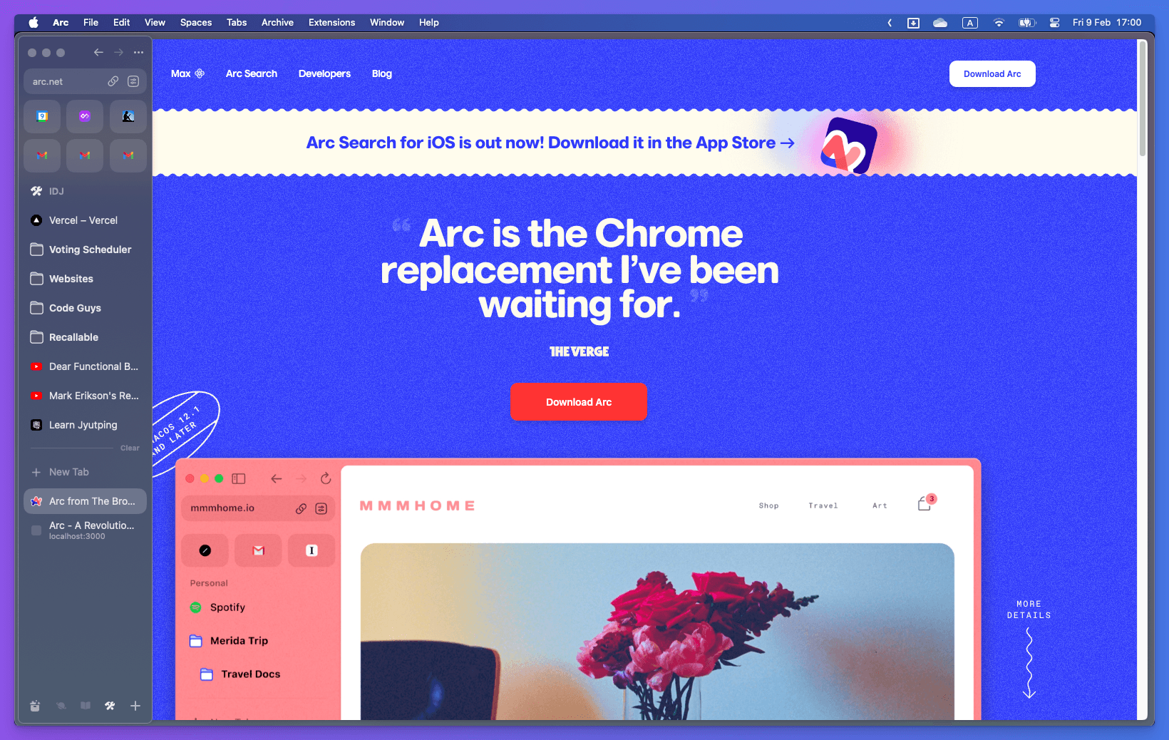 Arc's homepage screenshot with sidebar