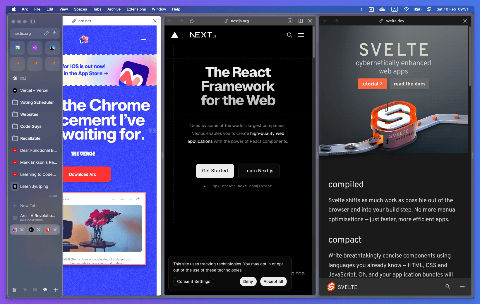 Arc's split screen feature with sidebar